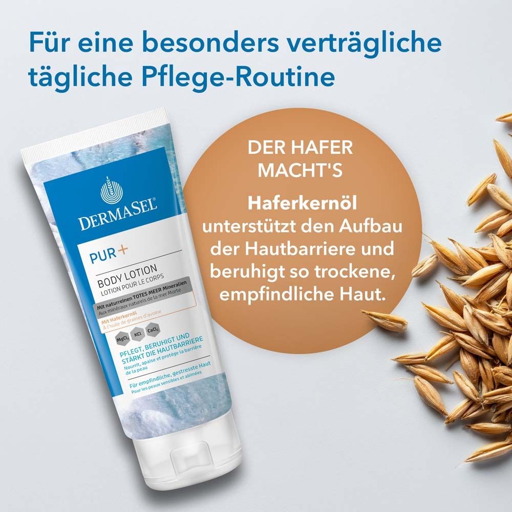 Tube et grains d'avoine. Texte : L'avoine le fait. Soutient la barrière cutanée.