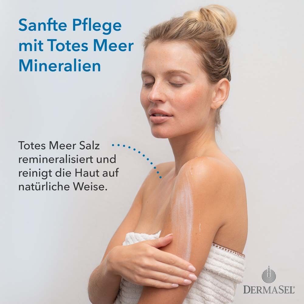 Femme appliquant une lotion. Texte : Soin doux aux minéraux de la mer Morte. Reminéralise.