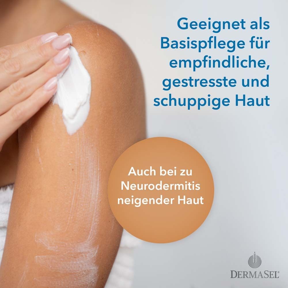 Femme appliquant une lotion. Texte : Convient comme soin de base pour peaux sensibles.