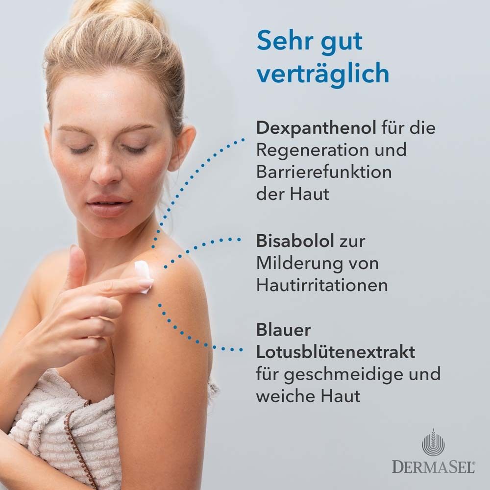Femme appliquant une lotion. Texte : Dexpanthenol, Bisabolol, lotus bleu. Pour une peau souple.