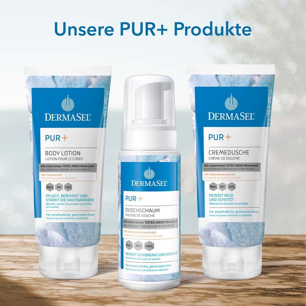 Trois produits : Lotion corporelle, mousse de douche, crème de douche. Marque : DermaSel® PUR+.