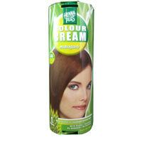 Hennaplus Colour Cream Mahogany 6,45. Emballage avec photo d'une femme aux cheveux bruns. Couleurs vert et blanc.