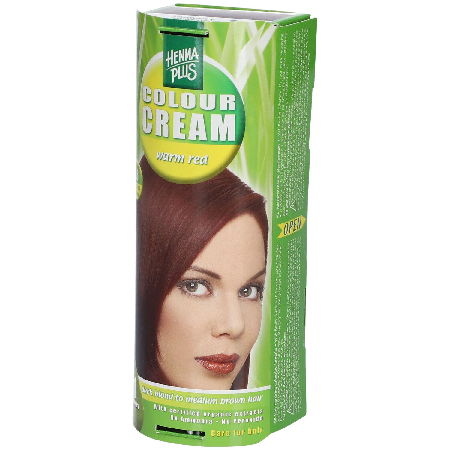 Emballage Hennaplus Colour Cream Warm Red 5,6. Femme aux cheveux roux. Emballage vert et jaune avec le nom du produit.