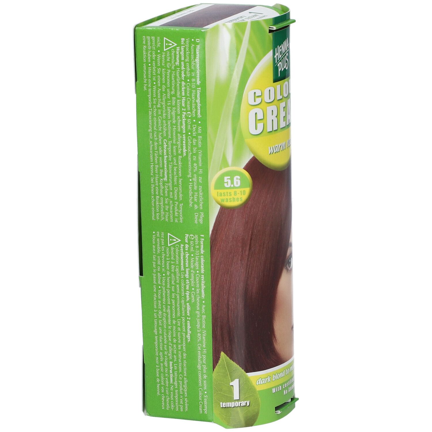 Emballage Hennaplus Colour Cream Warm Red 5,6. Côté avec informations produit et numéro de couleur 5,6. Emballage vert et jaune.