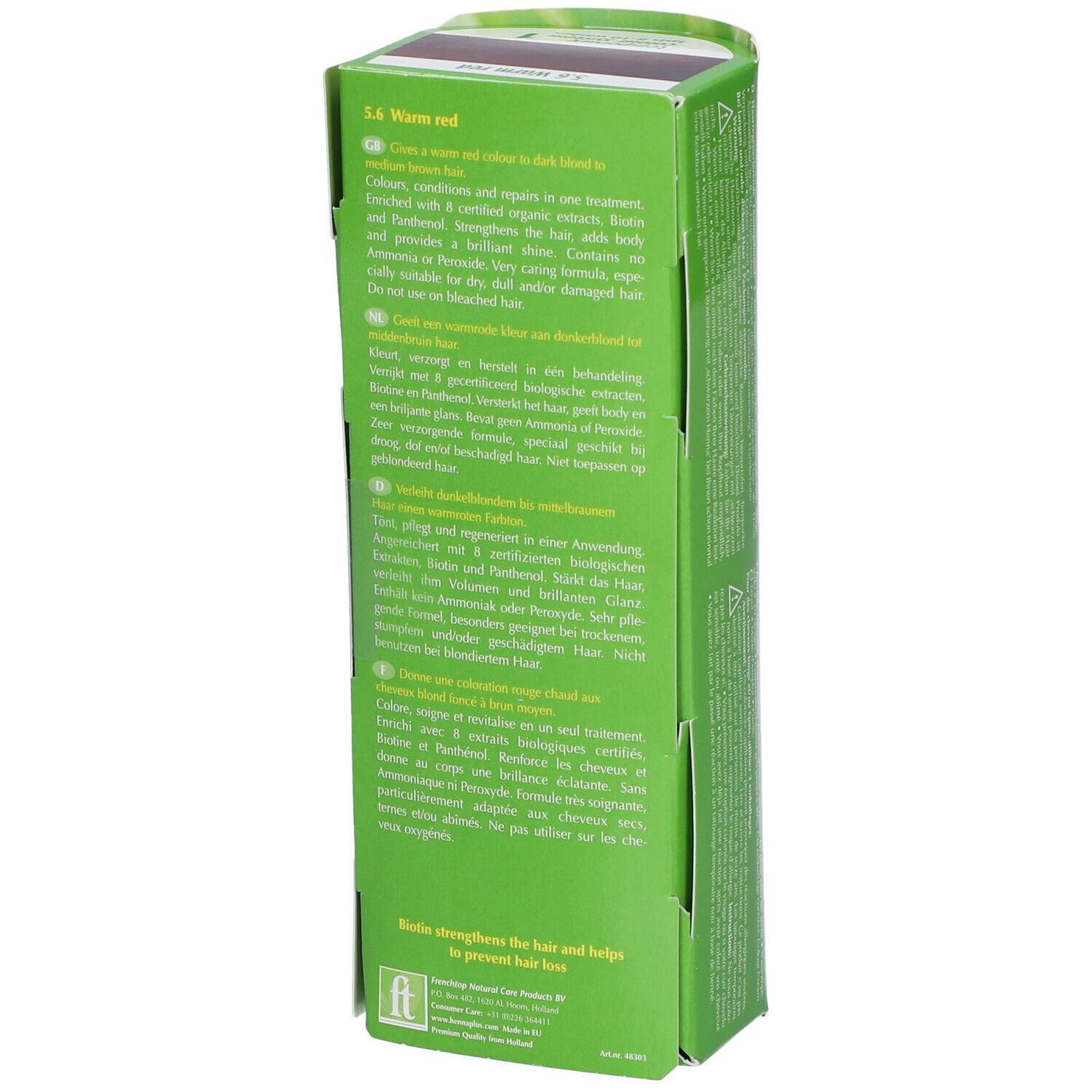 Dos de l'emballage Hennaplus Colour Cream Warm Red 5,6. Texte en plusieurs langues. Emballage vert et jaune.
