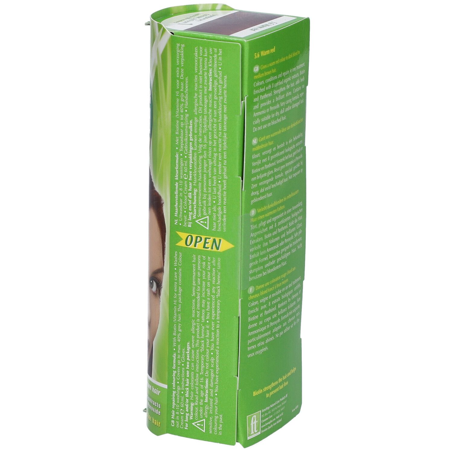 Côté de l'emballage Hennaplus Colour Cream Warm Red 5,6. Texte et flèche 'OPEN'. Emballage vert et jaune.