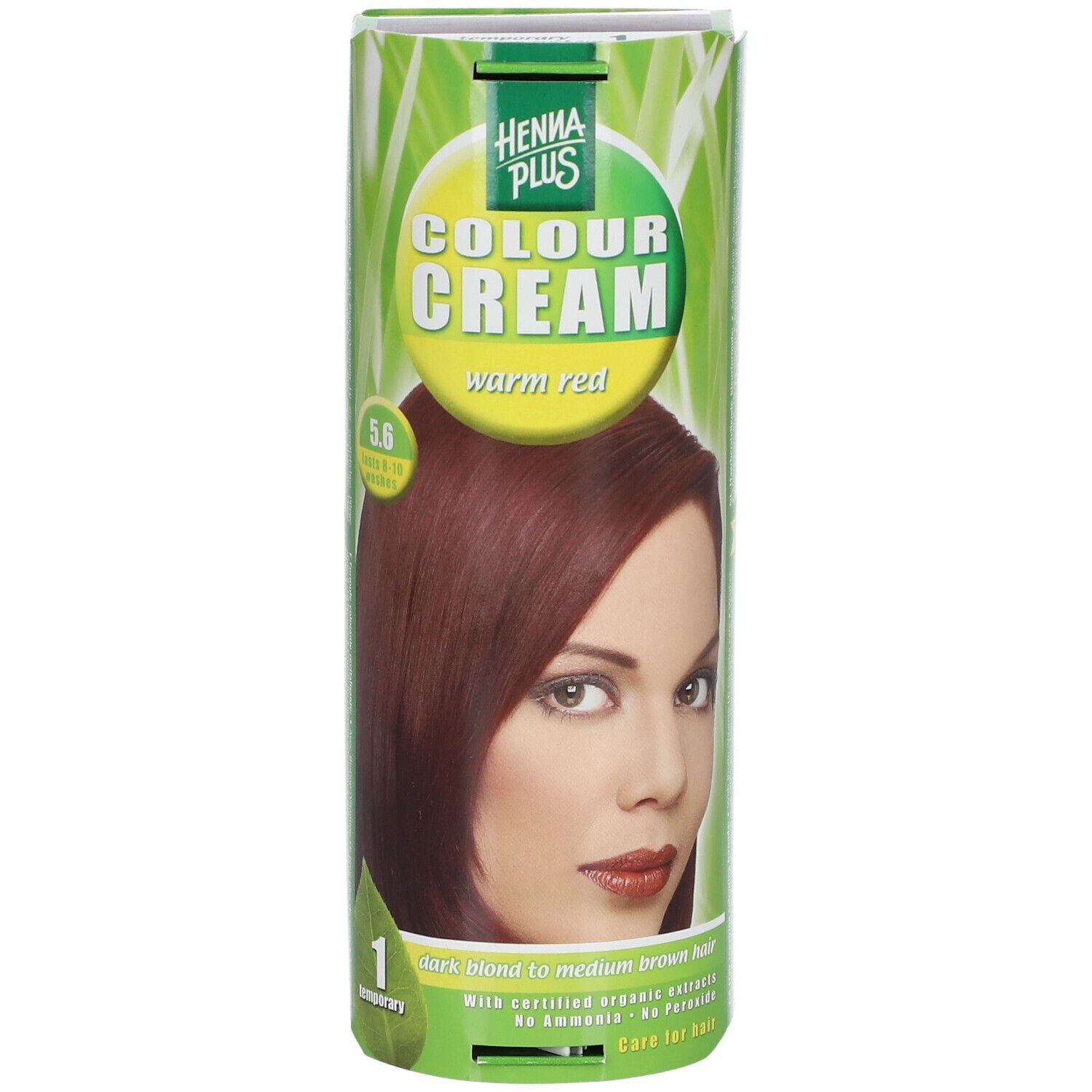 Emballage Hennaplus Colour Cream Warm Red 5,6. Femme aux cheveux roux. Emballage vert et jaune avec le nom du produit.