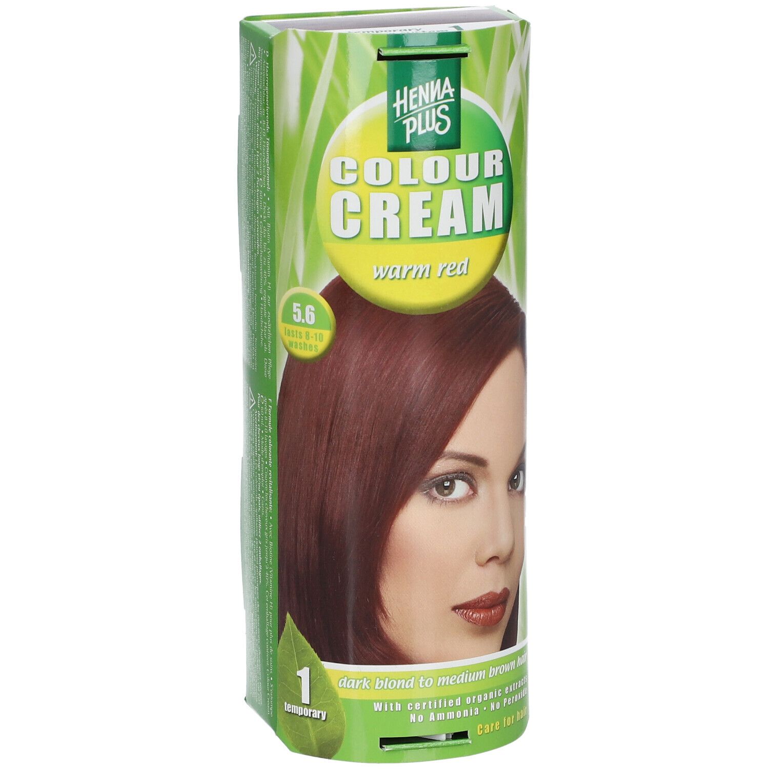 Emballage Hennaplus Colour Cream Warm Red 5,6. Femme aux cheveux roux. Emballage vert et jaune avec le nom du produit.