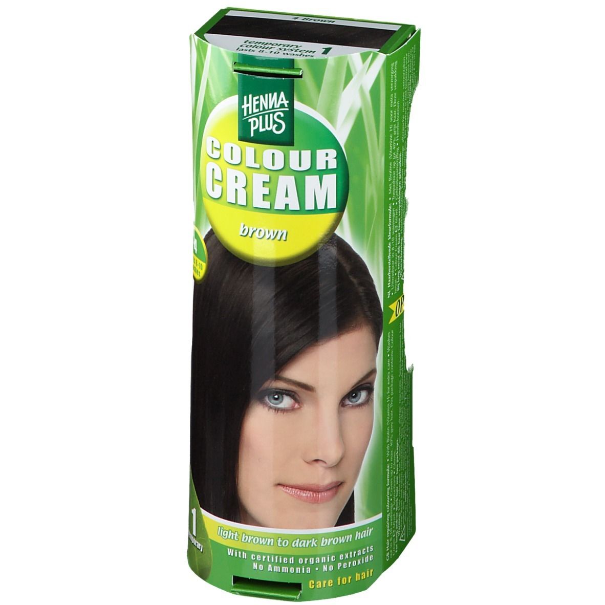 Hennaplus Colour Cream Brown 4. Emballage avec image du produit et modèle. Emballage vert et blanc avec le nom du produit.