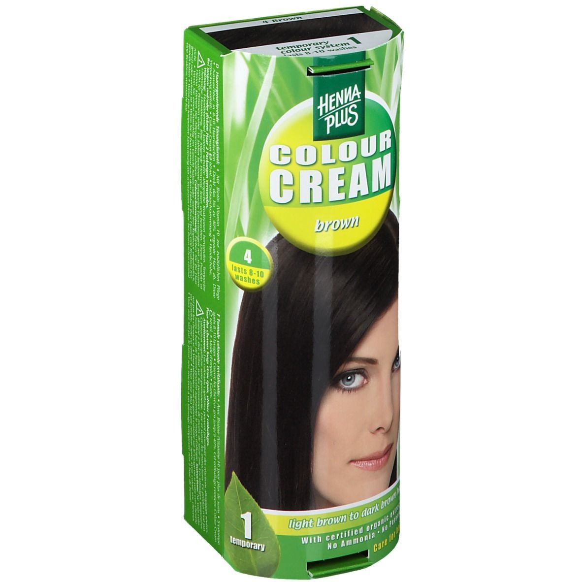 Hennaplus Colour Cream Brown 4. Emballage avec image du produit et modèle. Emballage vert et blanc avec le nom du produit.