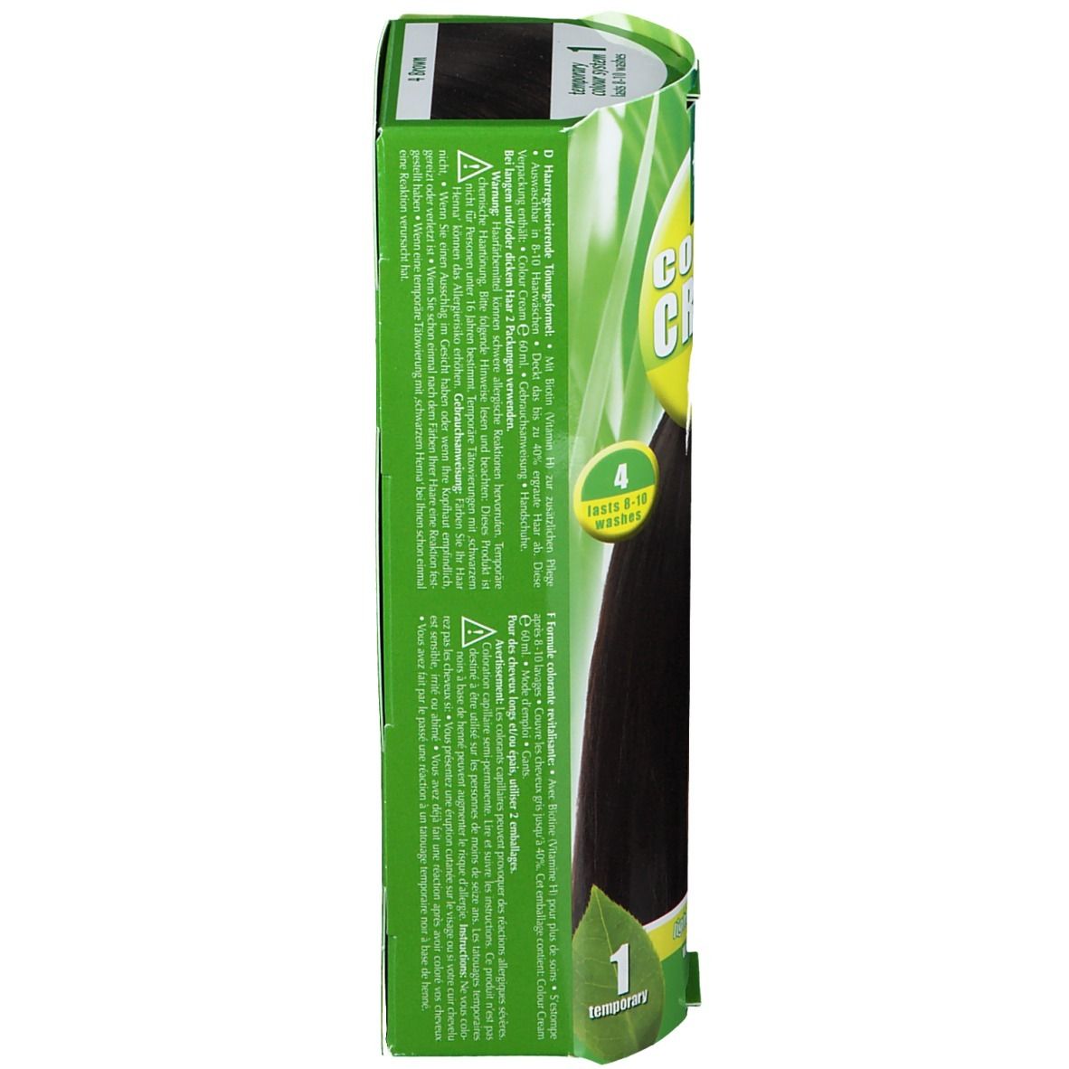 Hennaplus Colour Cream Brown 4. Vue latérale de l'emballage. Texte en plusieurs langues. Emballage vert et blanc.