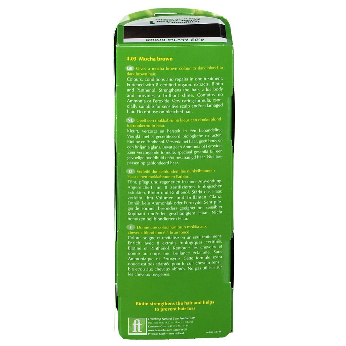 Dos de la boîte Hennaplus Colour Cream. Texte en plusieurs langues. Informations sur le produit et ingrédients.