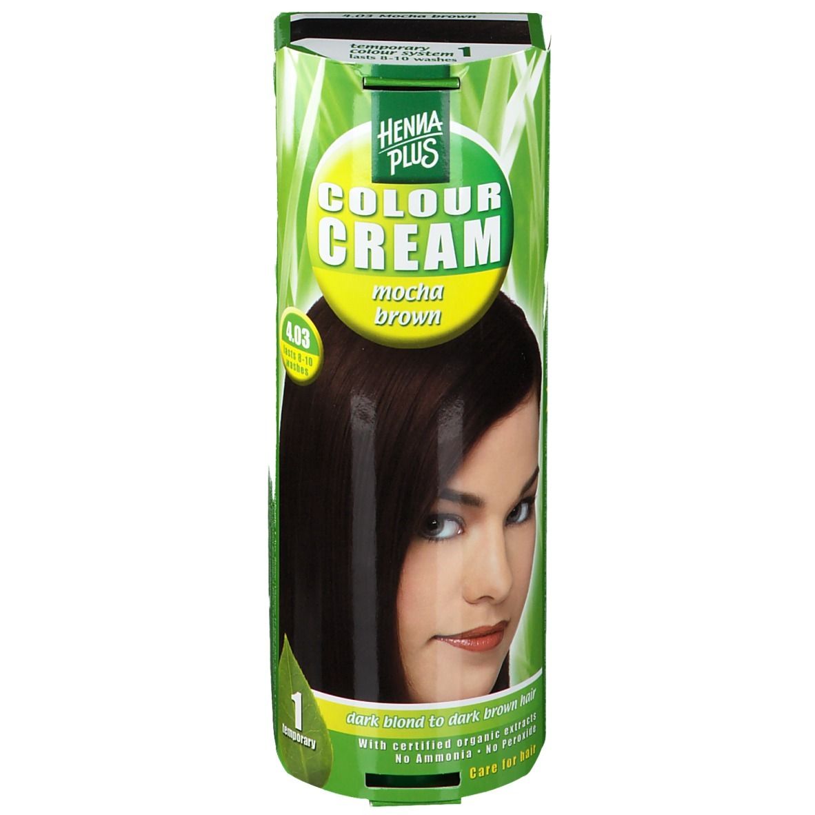 Hennaplus Colour Cream Mocha Brown 4.03. Boîte verte et jaune avec image d'une femme aux cheveux bruns. Inscription en anglais.