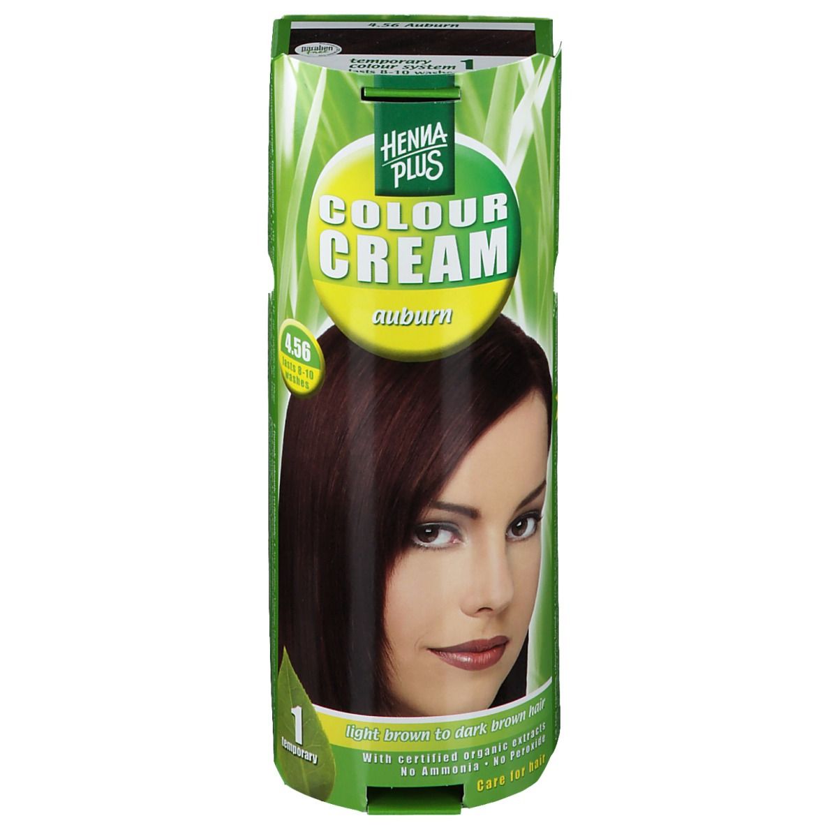 Emballage Hennaplus Colour Cream Auburn 4,56. Femme aux cheveux bruns. Emballage vert et jaune avec le nom du produit.