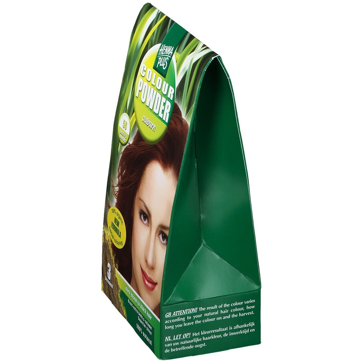 Emballage Hennaplus Colour Powder Auburn 56, vue latérale. Vert avec image et texte. Forme triangulaire.
