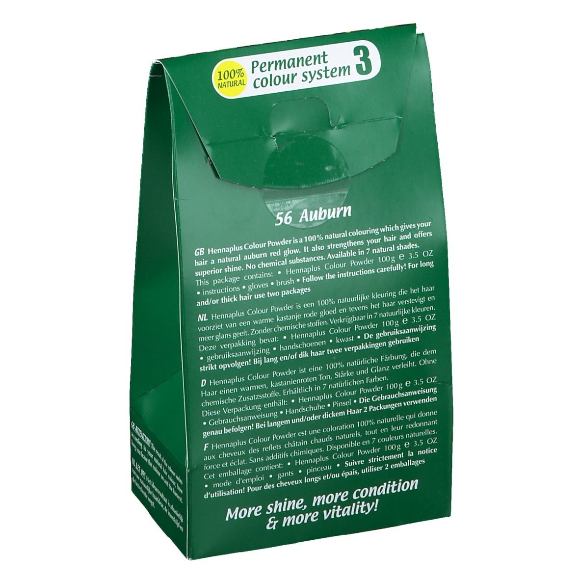 Dos de l'emballage Hennaplus Colour Powder Auburn 56. Texte multilingue. Vert avec texte blanc.