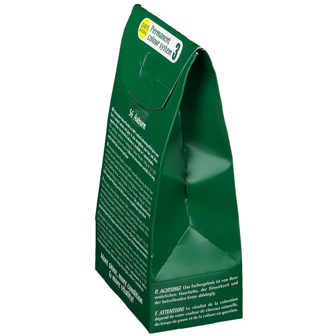 Vue latérale de l'emballage Hennaplus Colour Powder Auburn 56. Vert avec texte. Forme triangulaire.
