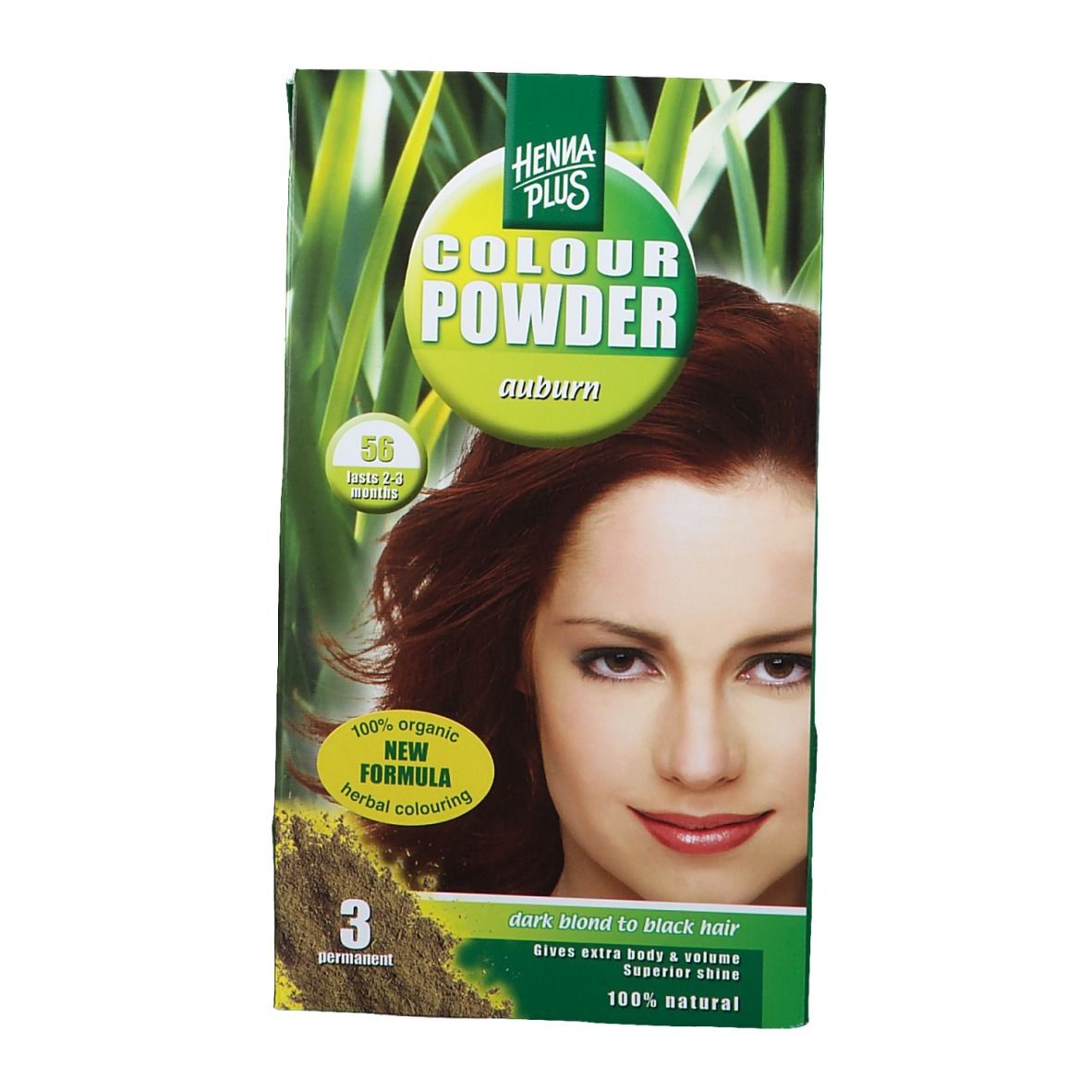 Emballage Hennaplus Colour Powder Auburn 56. Design vert et blanc avec image et texte. 100% naturel.