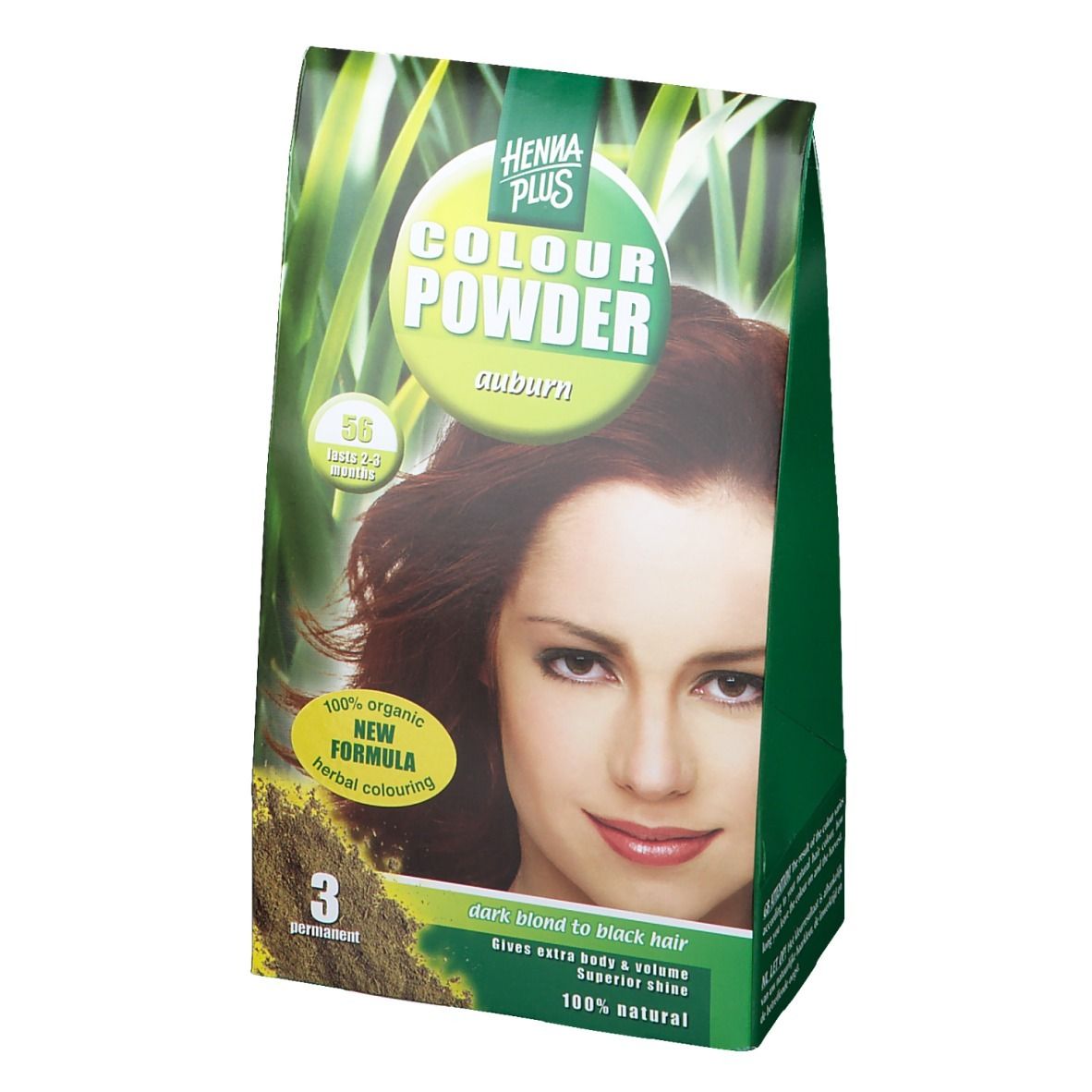 Emballage Hennaplus Colour Powder Auburn 56. Design vert et blanc avec image et texte. 100% naturel.