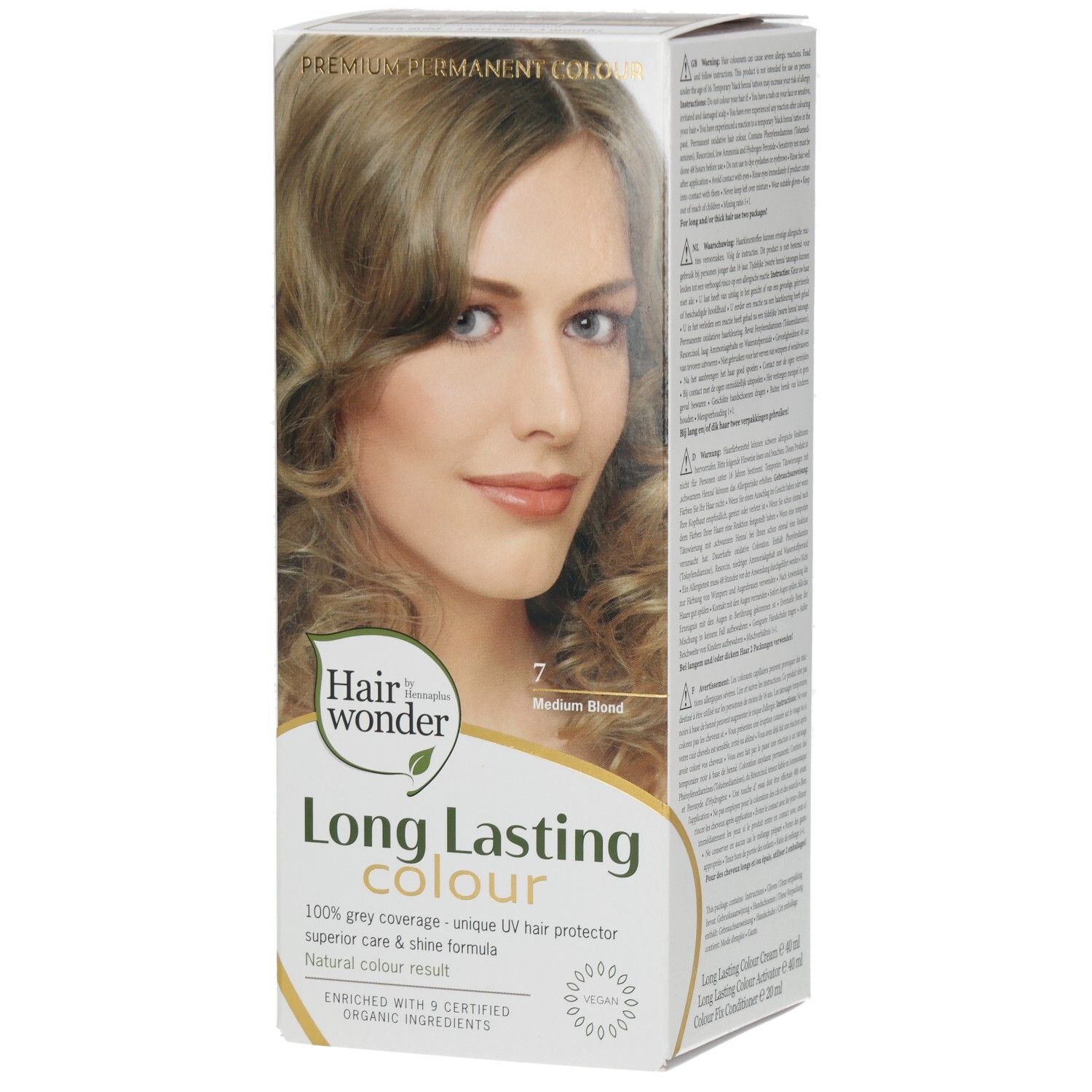 Emballage de teinture capillaire avec photo de modèle, inscription "Long Lasting Colour 7 Medium Blond".