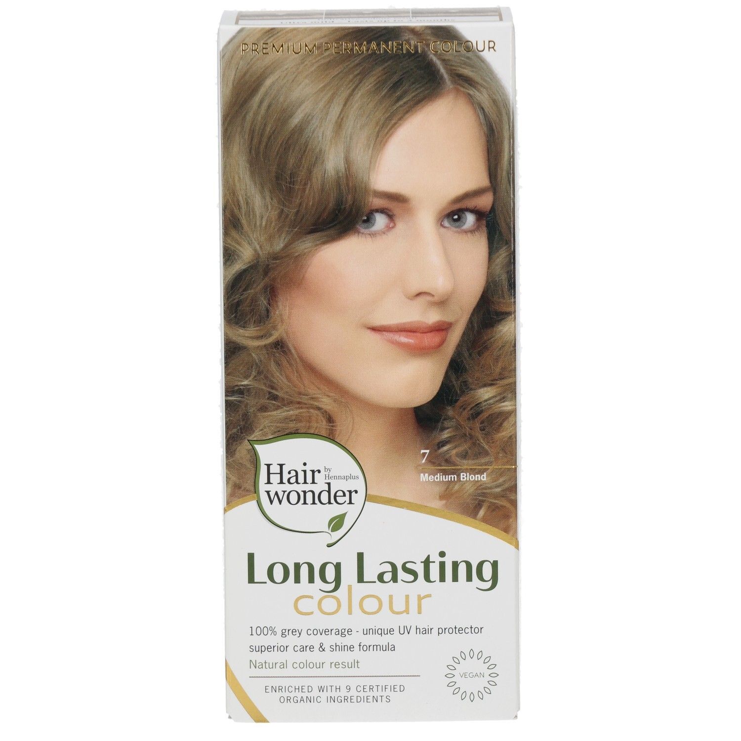 Emballage de teinture capillaire avec photo de modèle, inscription "Long Lasting Colour 7 Medium Blond".