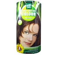 Emballage cylindrique. Inscription "Long Lasting Colour Hazelnut". Image d'un visage avec des cheveux bruns.