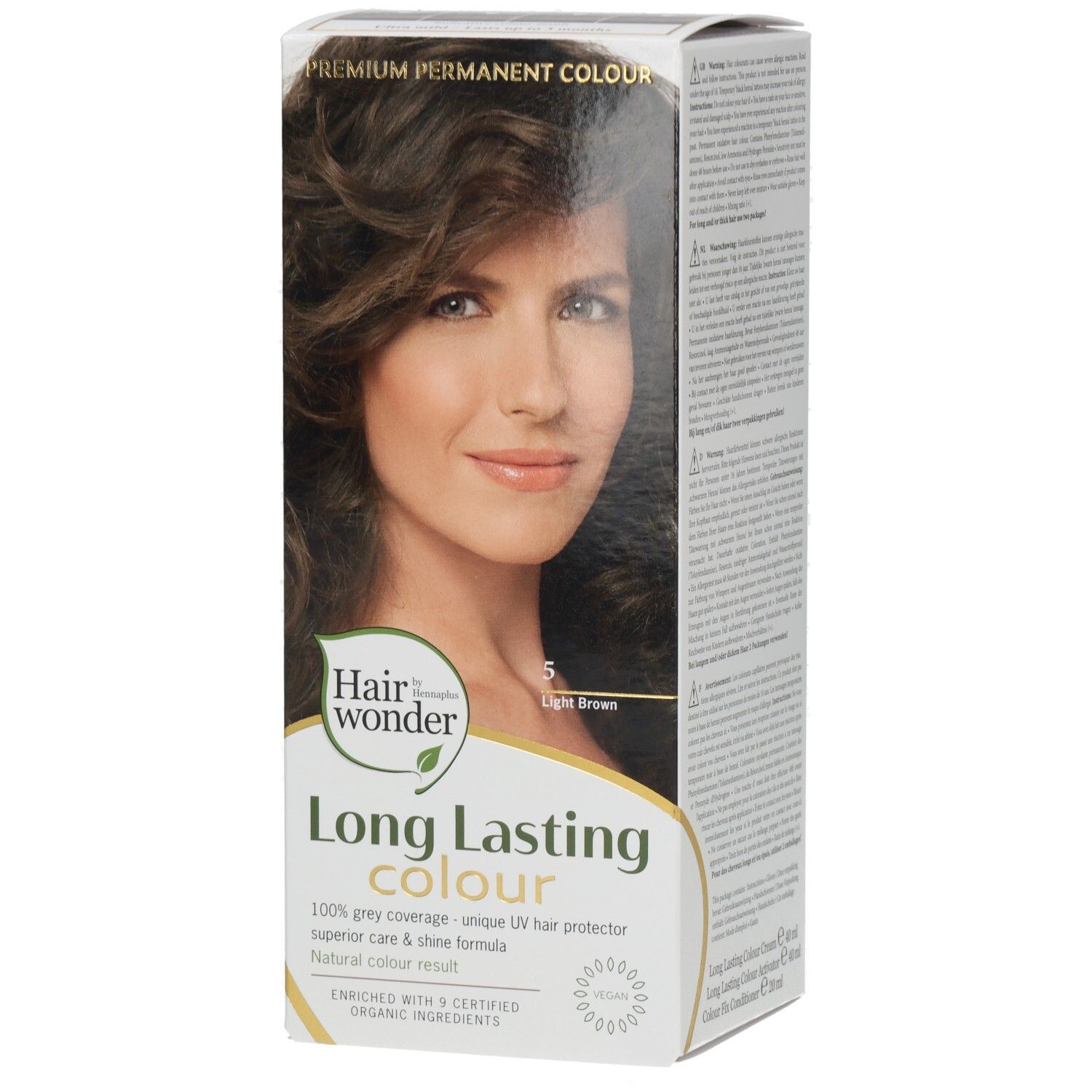 Boîte de coloration capillaire Henna Plus Long Lasting Colour, brun clair. Image d'une femme aux cheveux bruns. Sans parabène.