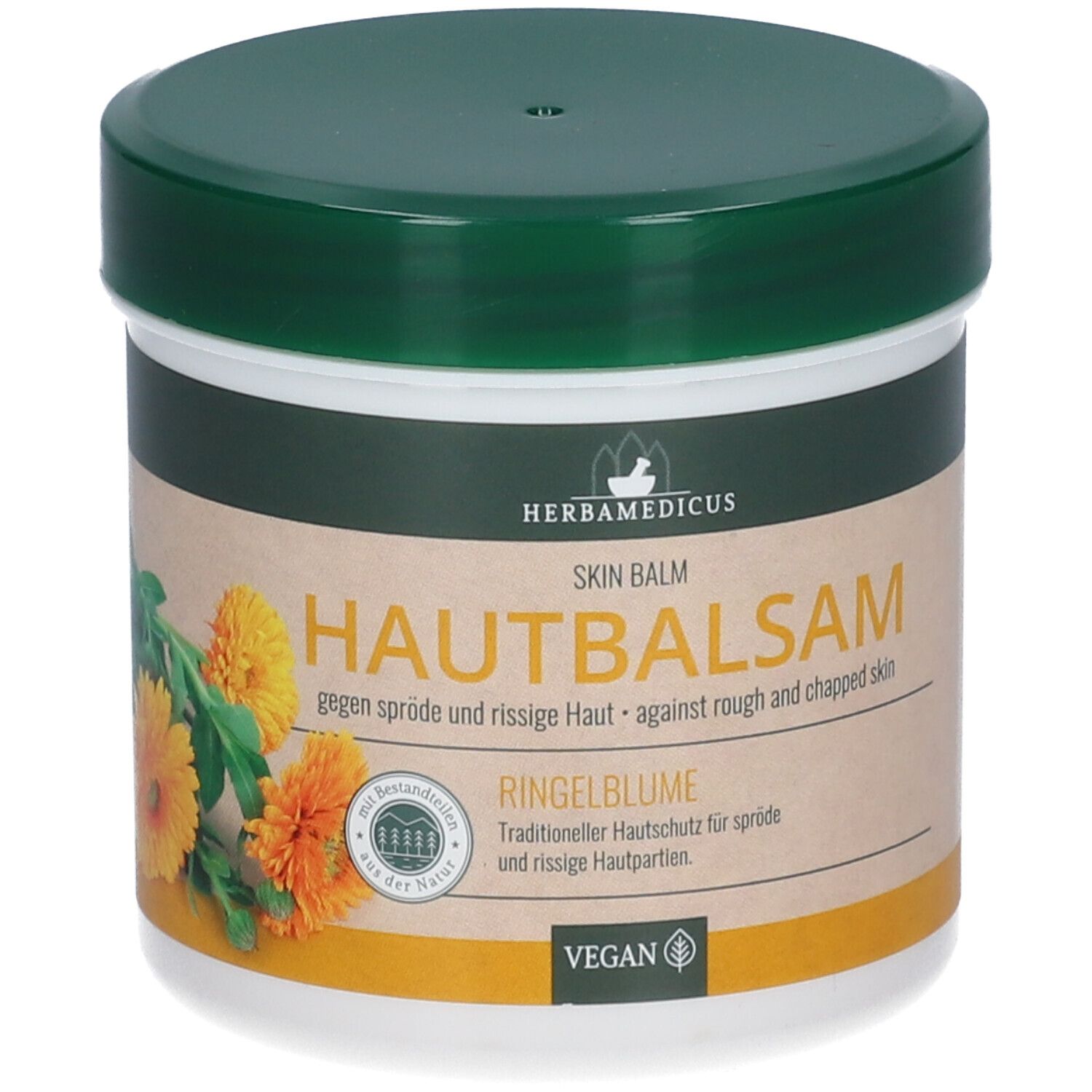 Pot blanc avec couvercle vert. Inscription : HERBAMEDICUS, HAUTBALSAM, RINGELBLUME. Sceau végétalien.