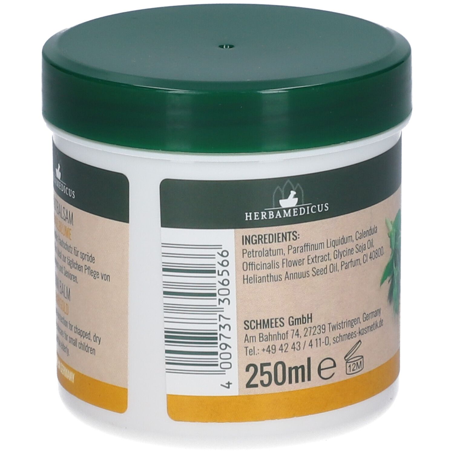 Pot blanc avec couvercle vert. Inscription : HERBAMEDICUS. Liste des ingrédients, adresse du fabricant et 250 ml.