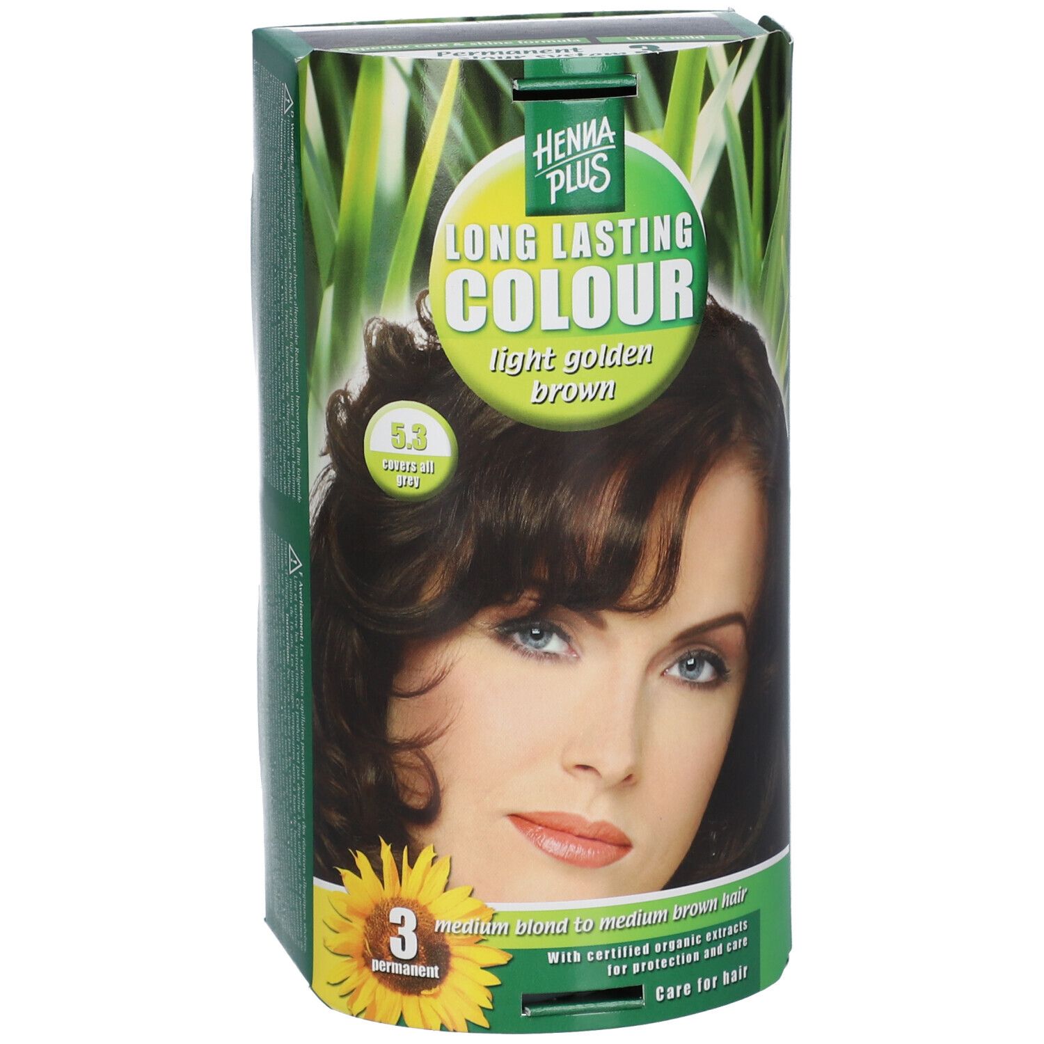 Hennaplus Long Lasting Colour 5,3. Boîte avec photo d'une femme aux cheveux bruns. Inscription : light golden brown.