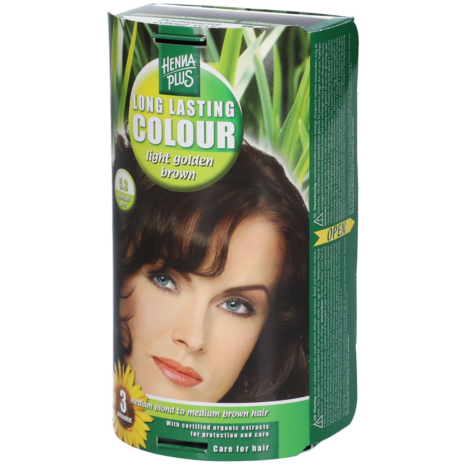 Hennaplus Long Lasting Colour 5,3. Boîte avec photo d'une femme aux cheveux bruns. Inscription : light golden brown. Avec indication d'ouverture.