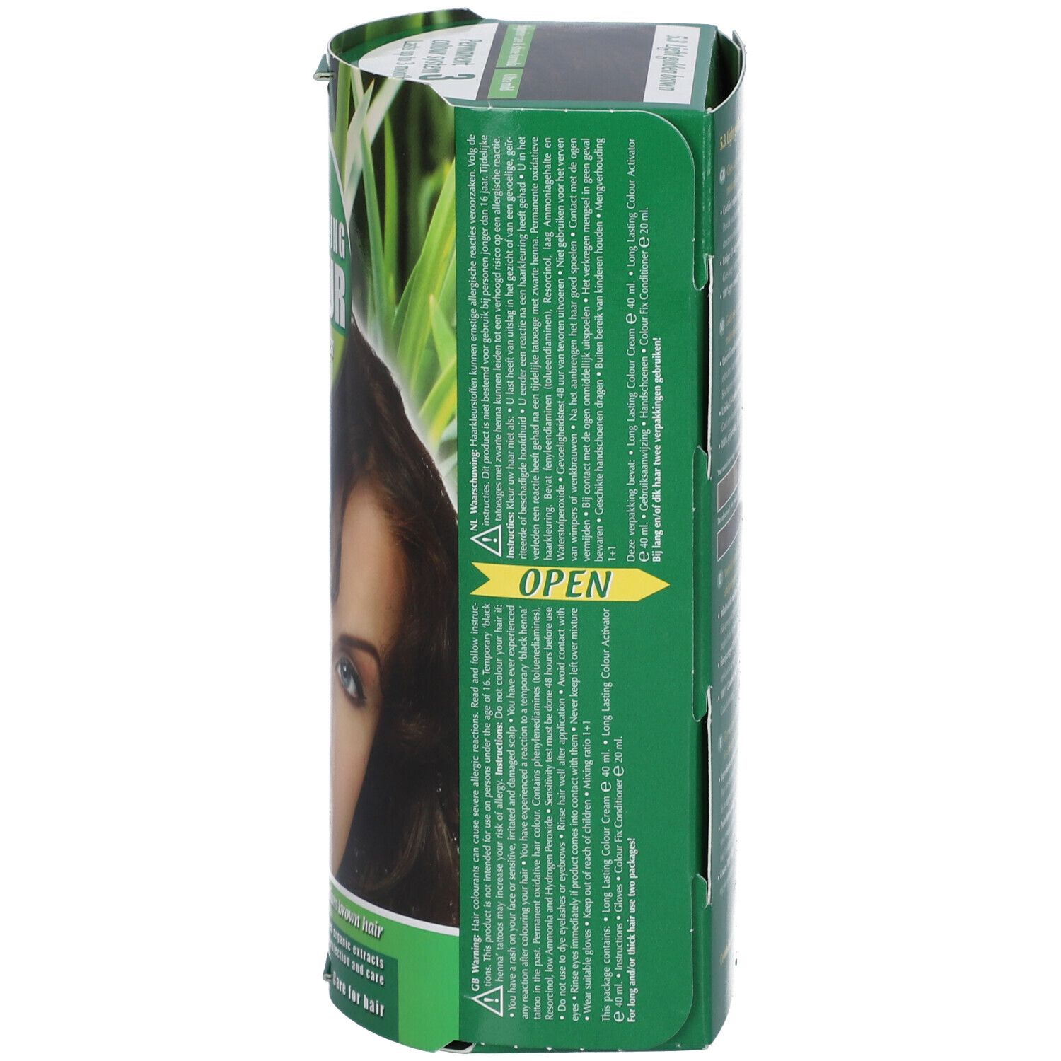 Hennaplus Long Lasting Colour 5,3. Vue latérale de la boîte avec texte. Vert et blanc. Inscription : light golden brown. Avec indication d'ouverture.