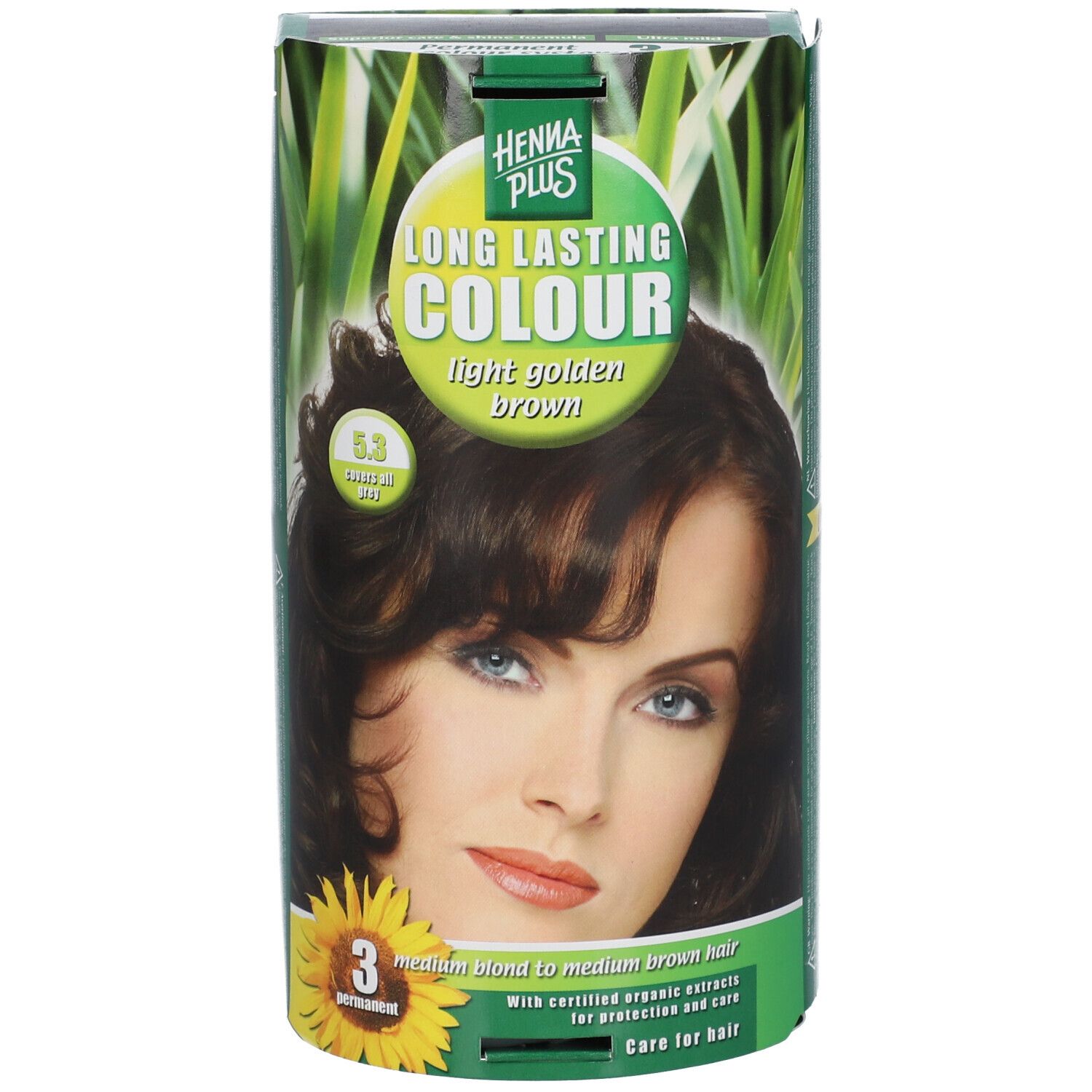 Hennaplus Long Lasting Colour 5,3. Boîte avec photo d'une femme aux cheveux bruns. Inscription : light golden brown.