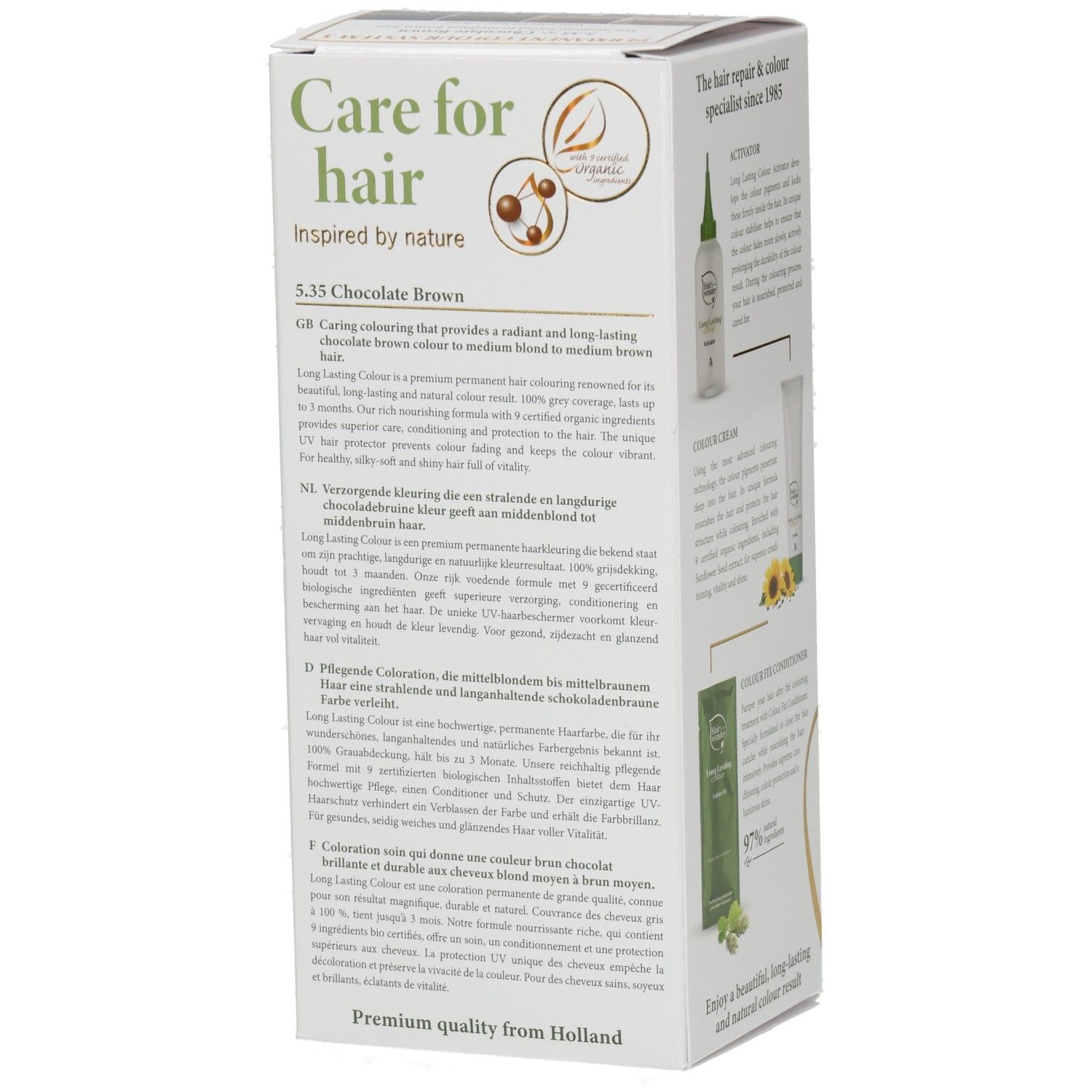 Boîte de coloration capillaire. Texte multilingue, nom du produit, nuance 5,35 Chocolate Brown.