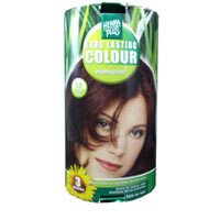 Emballage Hennaplus Long Lasting Colour 5,5. Femme aux cheveux bruns. Logo vert et jaune, tournesol.
