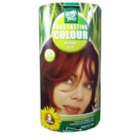Emballage Hennaplus Long Lasting Henna Red. Image d'une femme aux cheveux roux. Inscription : Long Lasting Colour, Henna Red.