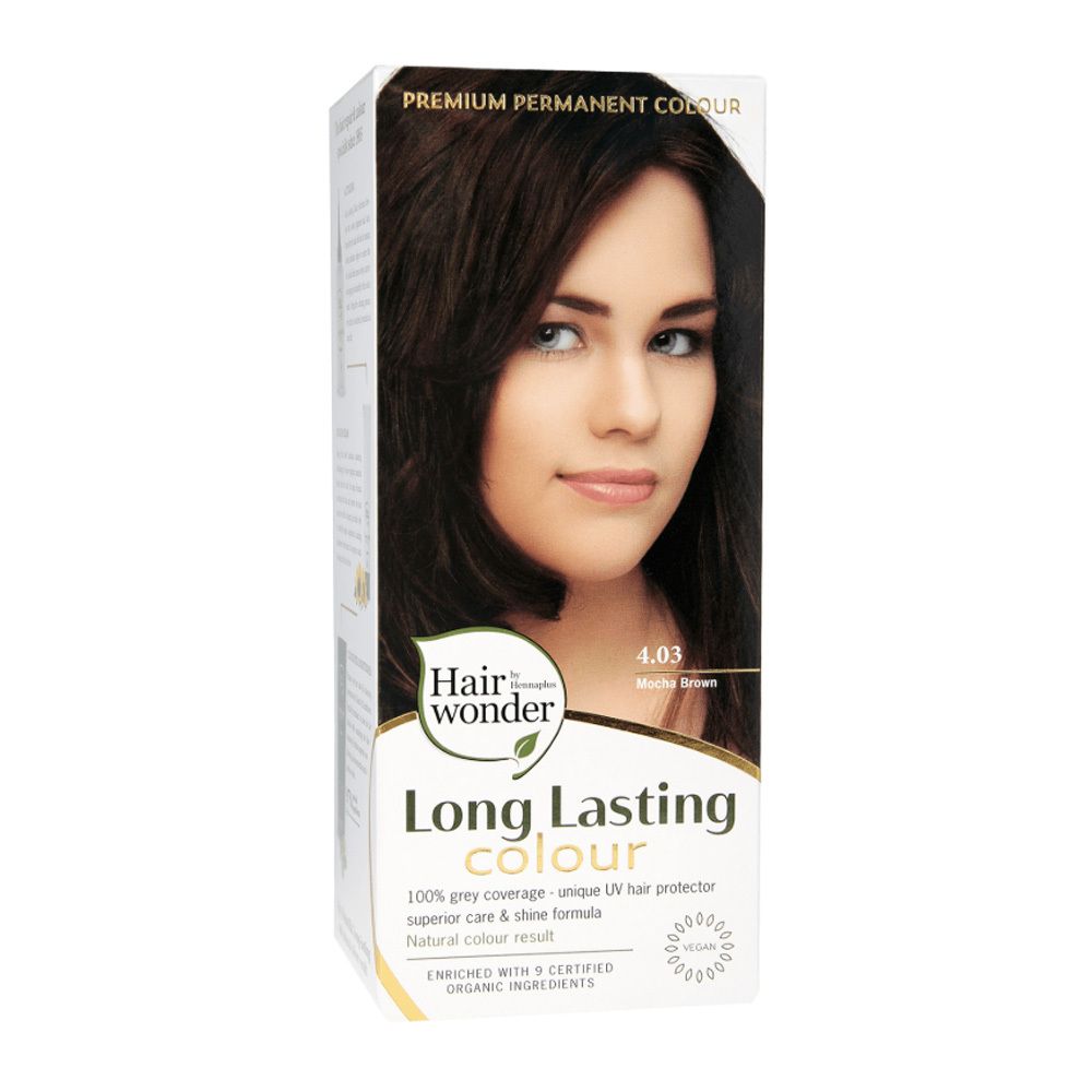Boîte de coloration capillaire. Femme aux cheveux bruns. Inscription : Long Lasting Colour, 4.03 Mocha Braun.