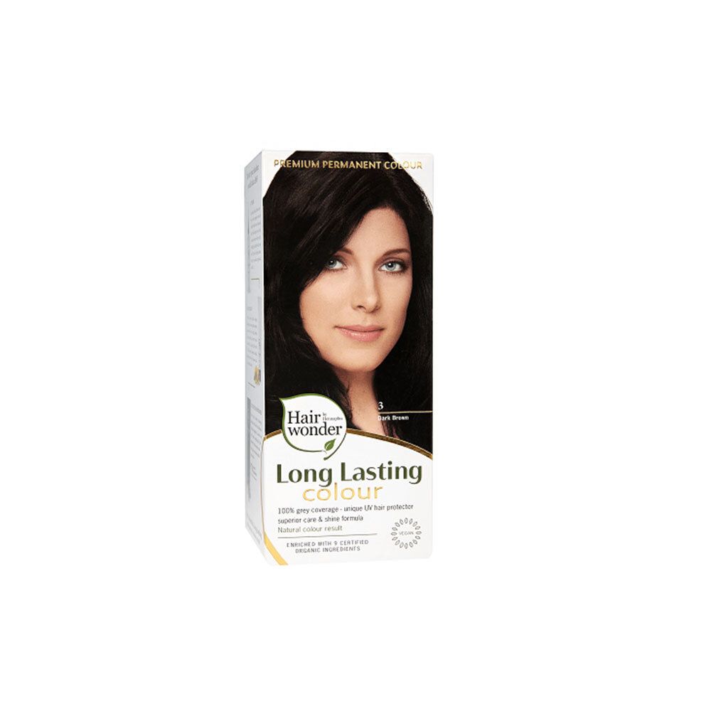 Hennaplus Long Lasting Colour 3, brun foncé. Boîte avec portrait de femme. Texte: Couverture 100% des cheveux gris, ingrédients bio.