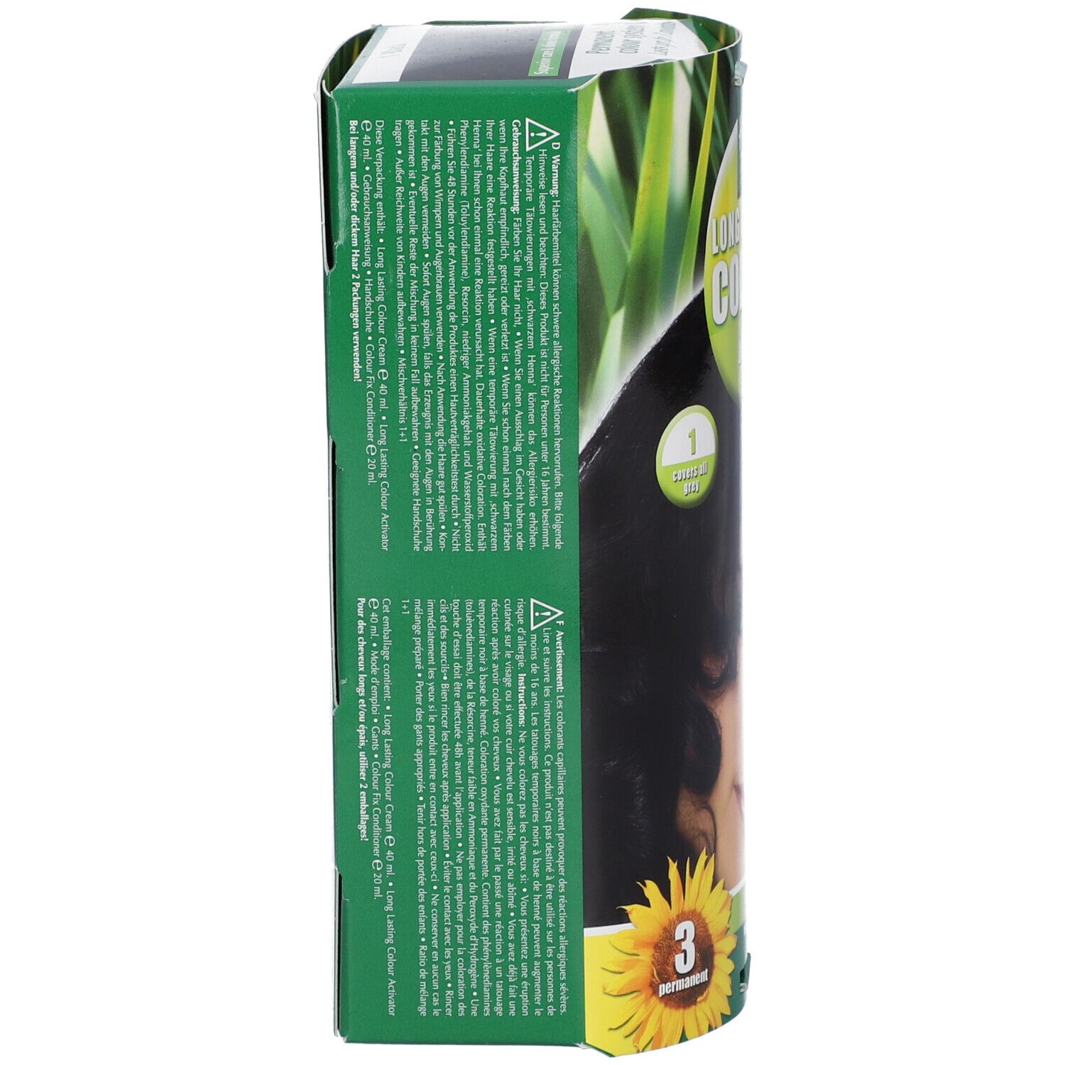 Hennaplus Long Lasting Colour Black. Vue latérale de l'emballage avec texte. Vert et blanc. Texte en plusieurs langues.