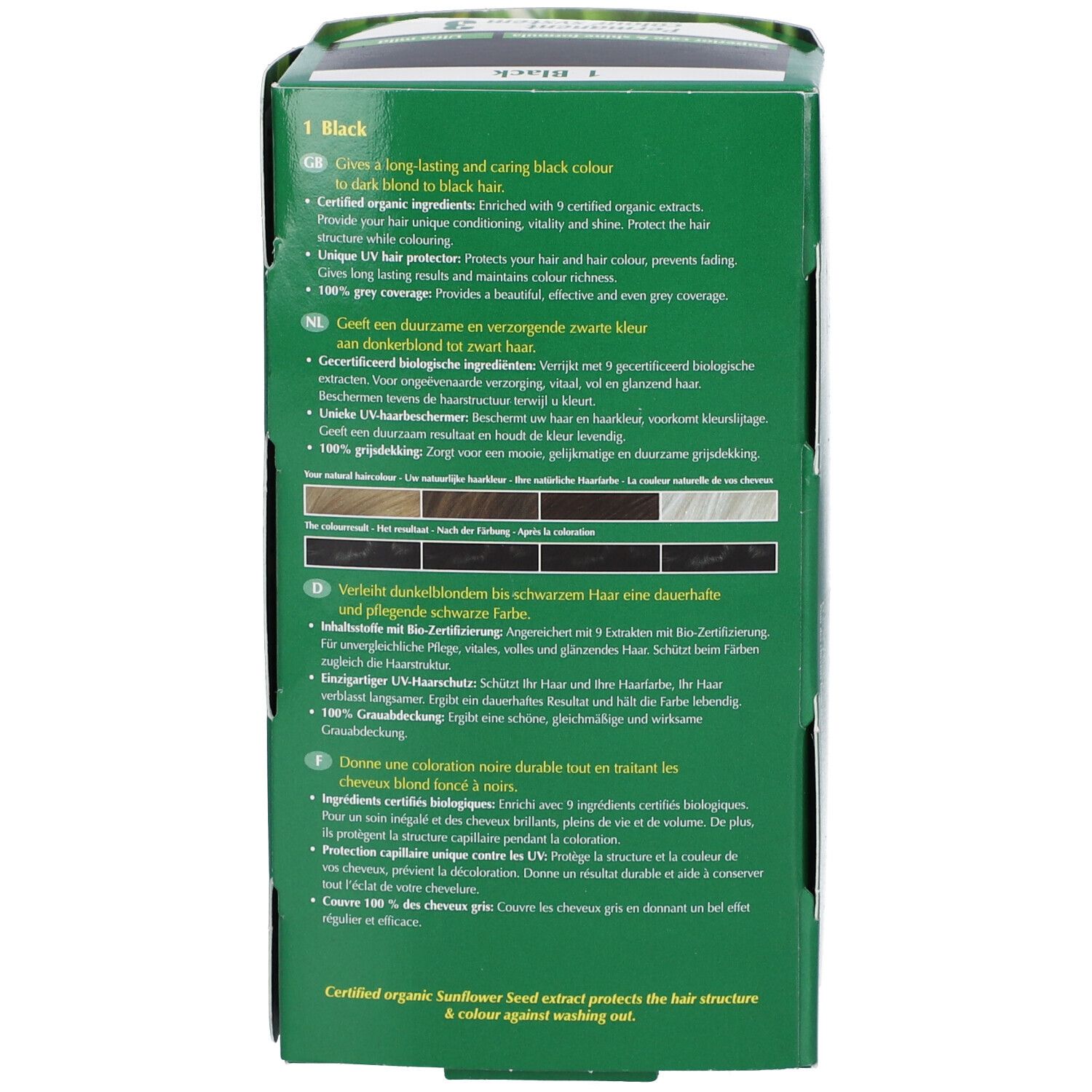 Hennaplus Long Lasting Colour Black. Emballage avec texte. Vert et blanc. Texte en plusieurs langues. Exemples de couleurs.