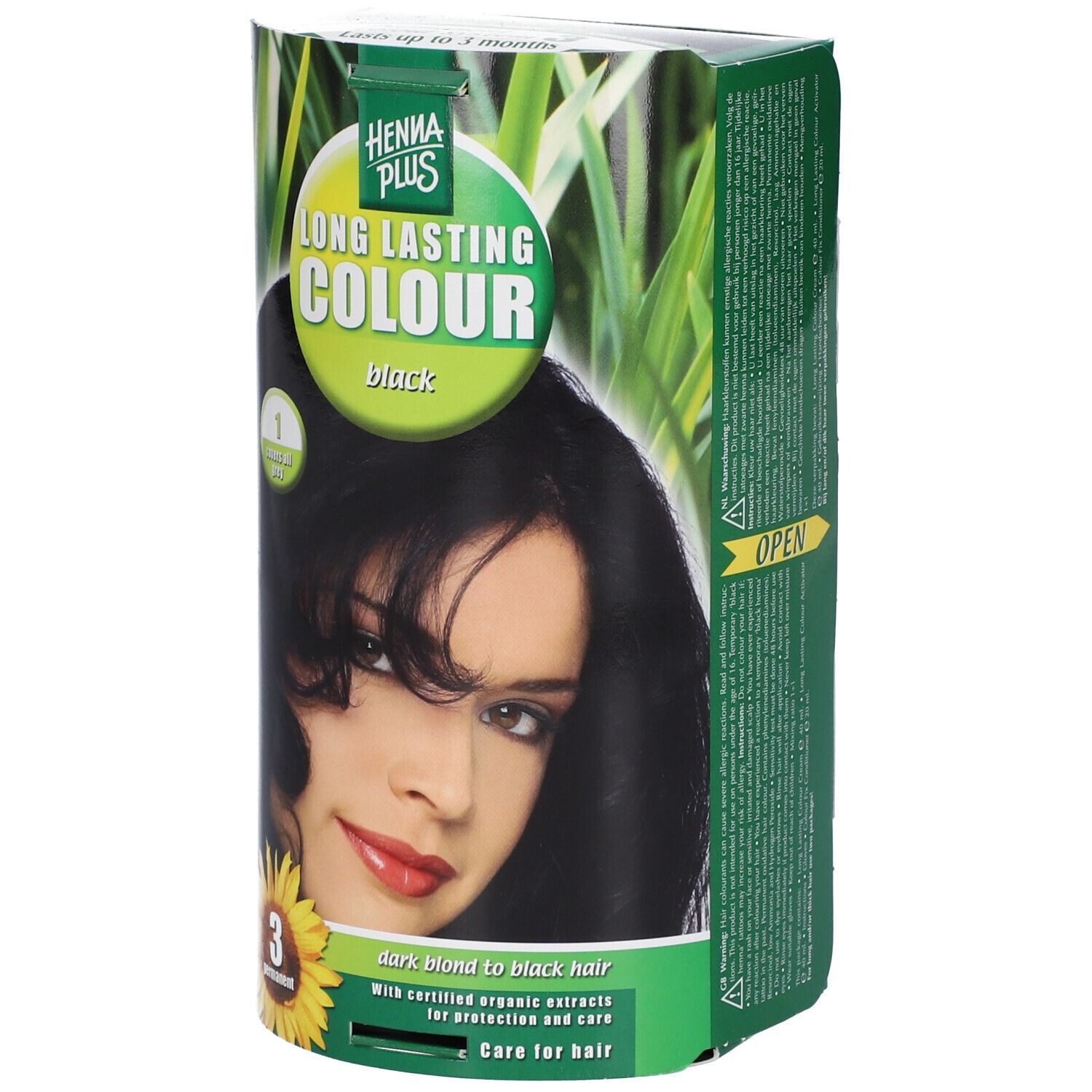 Hennaplus Long Lasting Colour Black. Boîte avec image d'une femme aux cheveux noirs. Tournesol et texte.