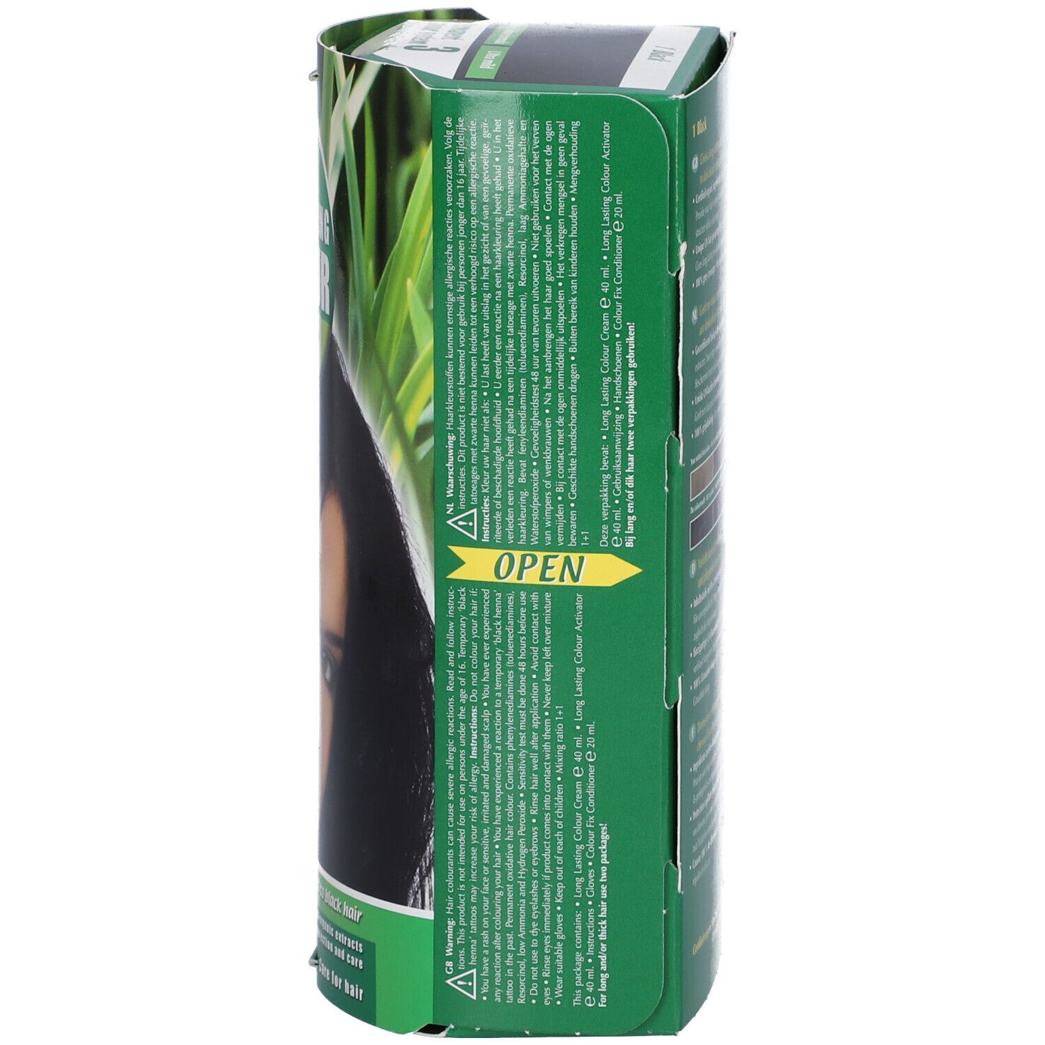 Hennaplus Long Lasting Colour Black. Vue latérale de l'emballage avec texte. Vert et blanc. Texte multilingue. "OPEN".