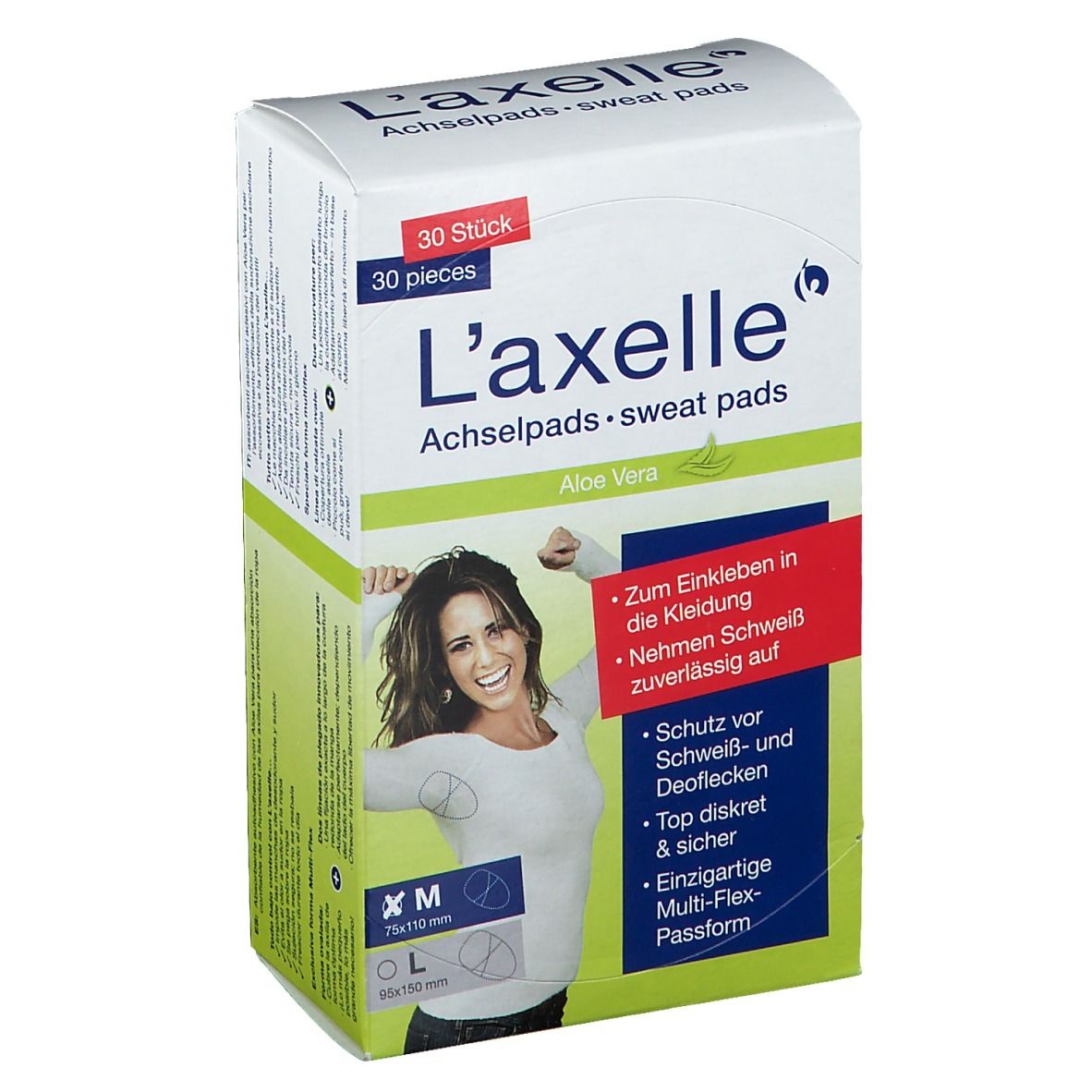 Boîte de coussinets L'axelle. Inscription : 30 pièces, Aloe Vera, taille M (75x110mm). Femme en chemise blanche.