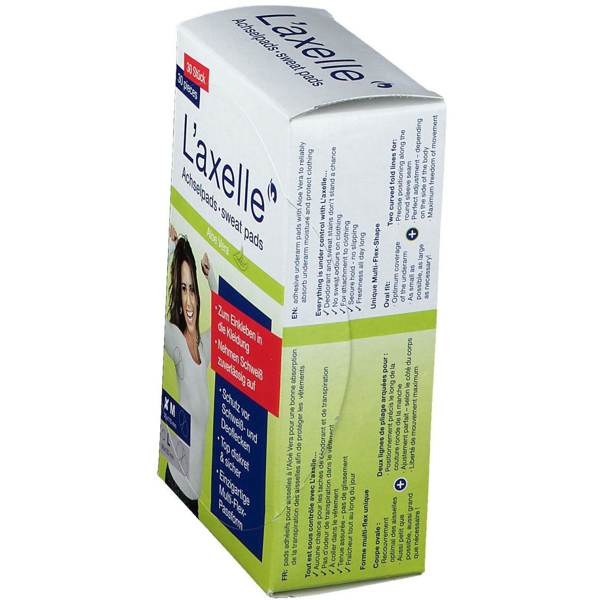 Emballage L'axelle en biais. Texte : coussinets, 30 pièces. Sur le côté : informations produit en anglais et français.