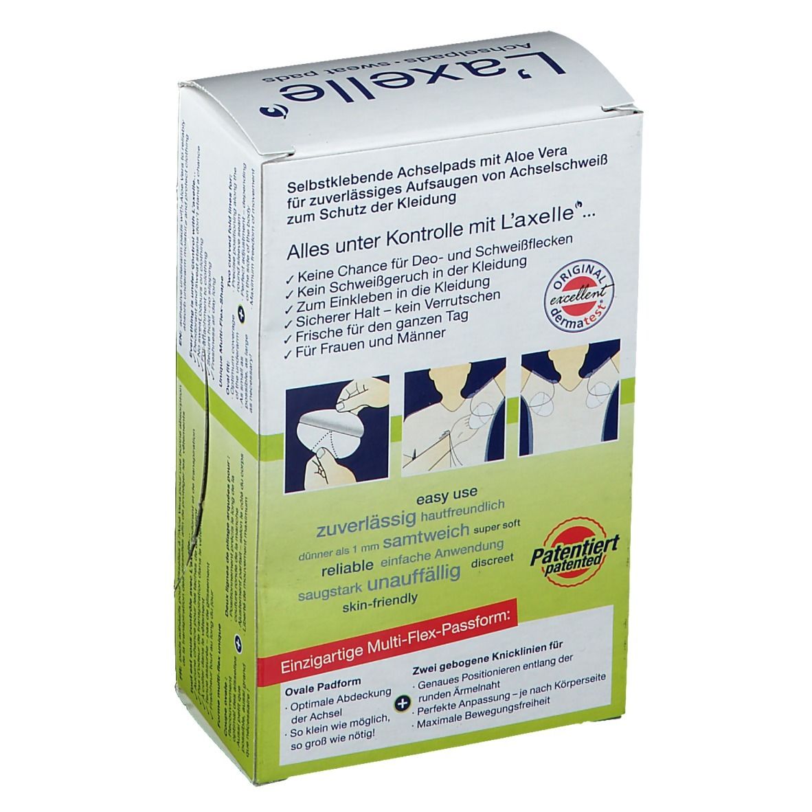 Emballage L'axelle. Texte : coussinets, Aloe Vera. Sur le côté : caractéristiques du produit, label Dermatest, brevet.