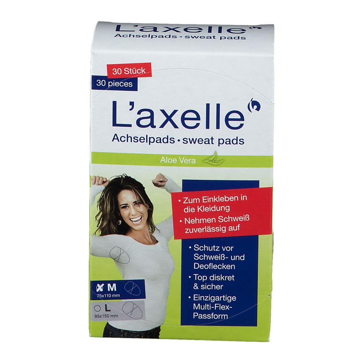 Emballage L'axelle. Texte : coussinets, 30 pièces, Aloe Vera, taille M (75x110mm). Femme en chemise blanche.