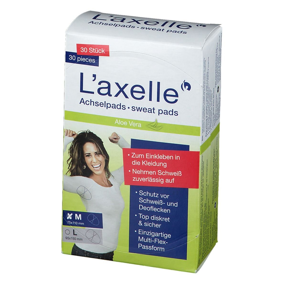 Emballage L'axelle. Texte : coussinets, 30 pièces, Aloe Vera, taille M (75x110mm). Femme en chemise blanche.