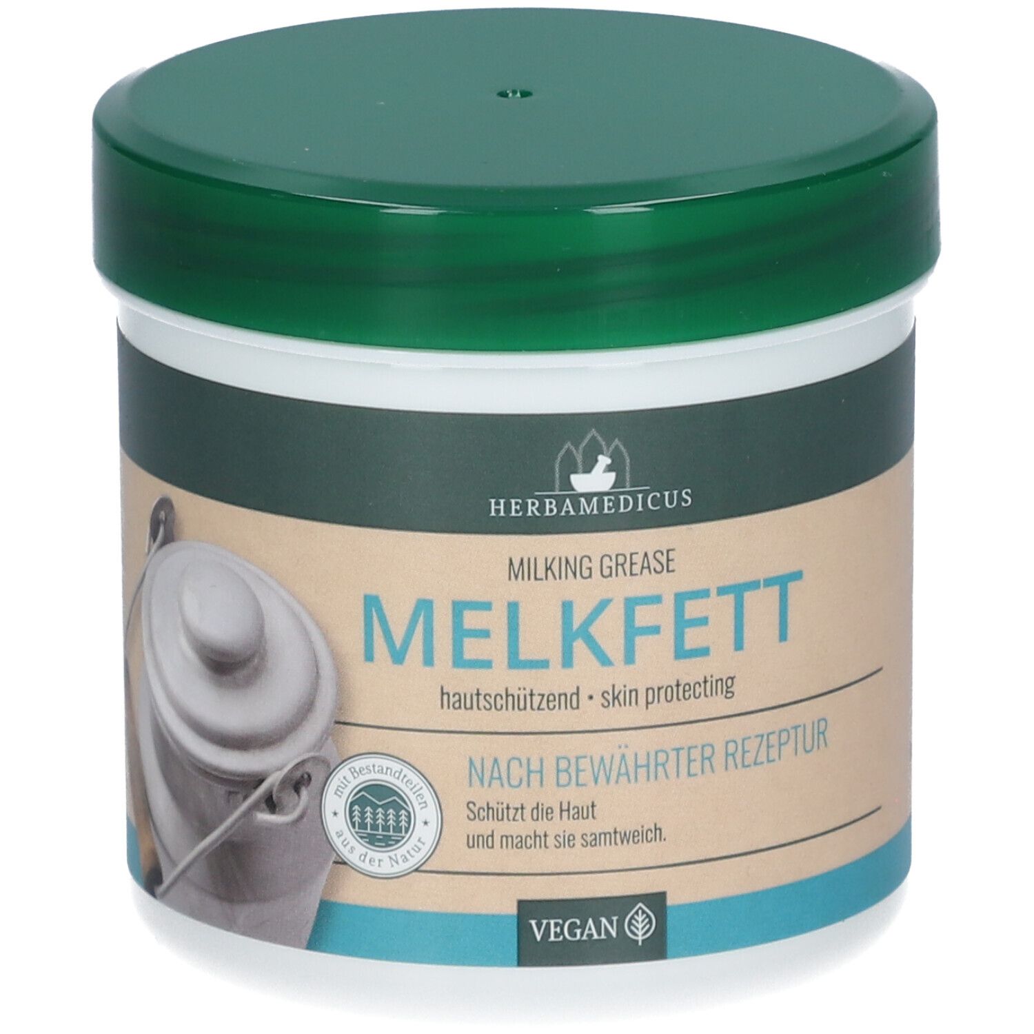 HERBAMEDICUS MELKFETT Crème protectrice dans un pot blanc avec couvercle vert.