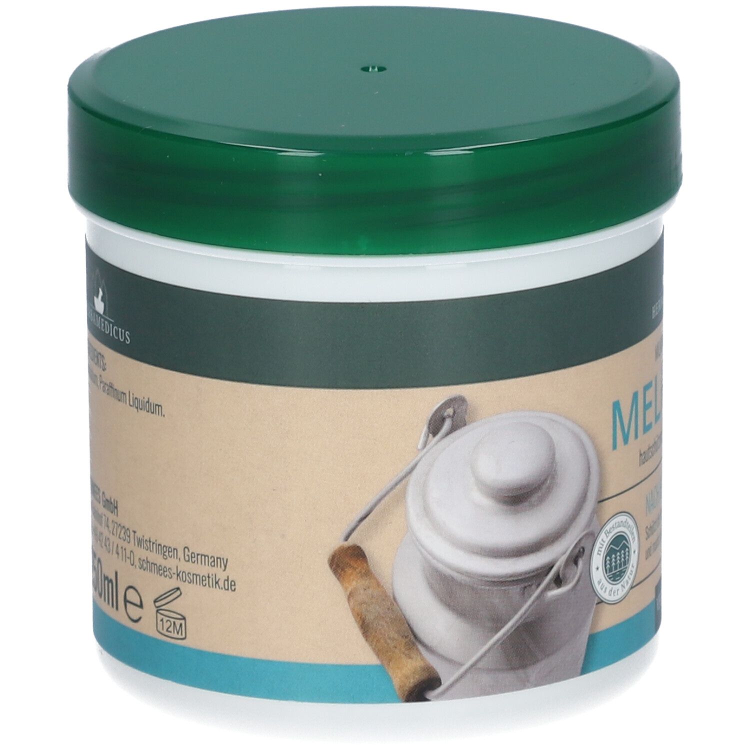 Arrière du pot HERBAMEDICUS MELKFETT avec informations produit et illustration de design de pot à lait.