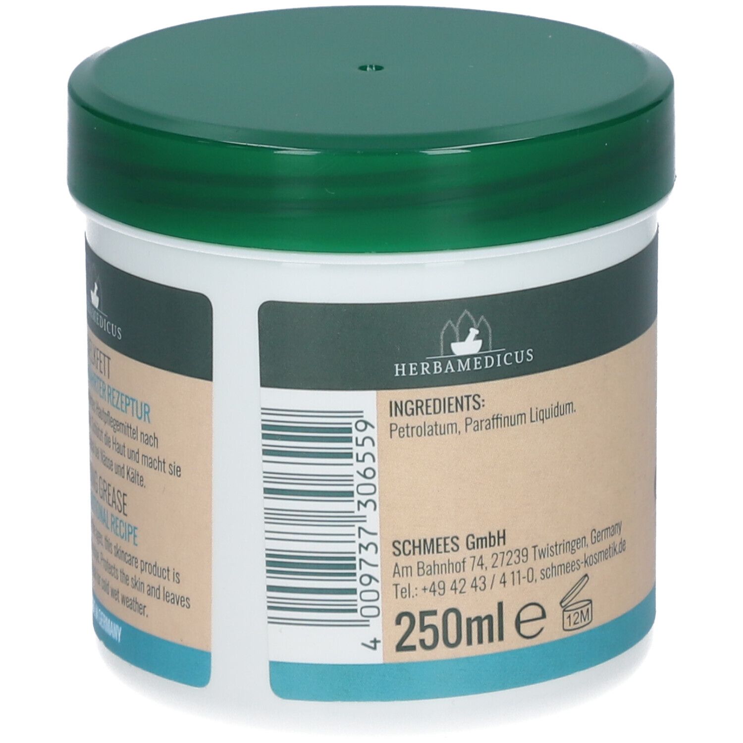 Vue latérale du pot HERBAMEDICUS MELKFETT avec liste des ingrédients et indication de quantité 250ml.
